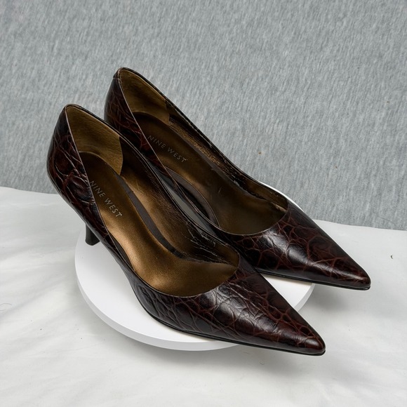 Nine West Nuncio Brown Croco Embossed Leather Pointed Toe Pumps Heels 8M - Picture 1 of 8